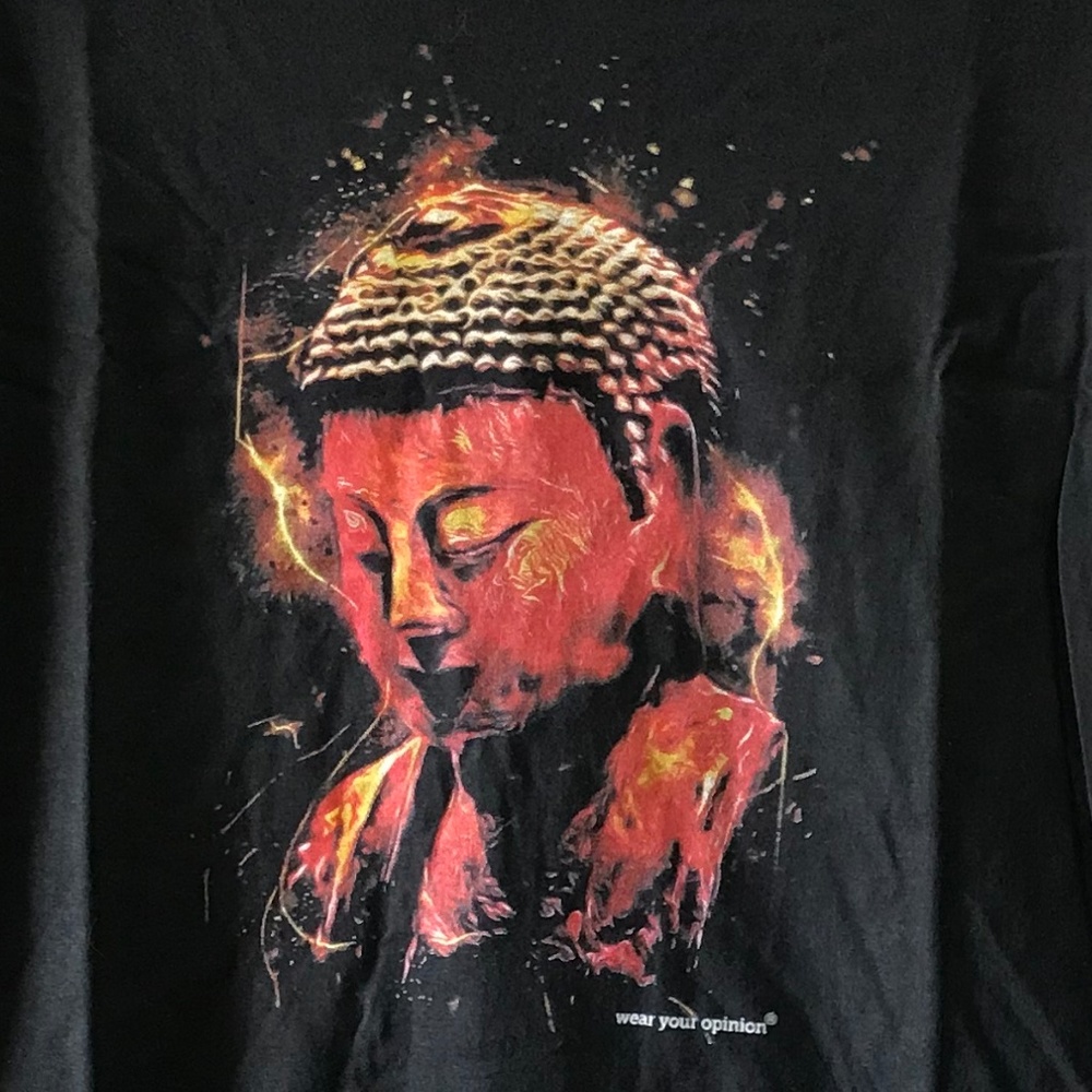 NWOT Peace Buddha Mens Black Cotton V-Neck T-Shirt Gildan Graphic Tee Tibetan